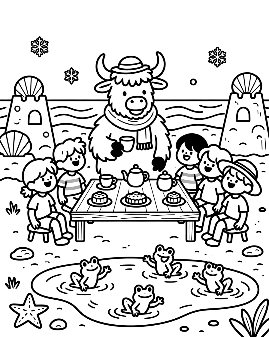 At the beach among sandcastles and seashell forts, a wobbly yak mountain guide is busy hosting a tea party for a dozen new friends, cheered on by sparkling snowflakes drifting down all around and a puddle full of jumping frogs. The whole crew is grinning from ear to ear.