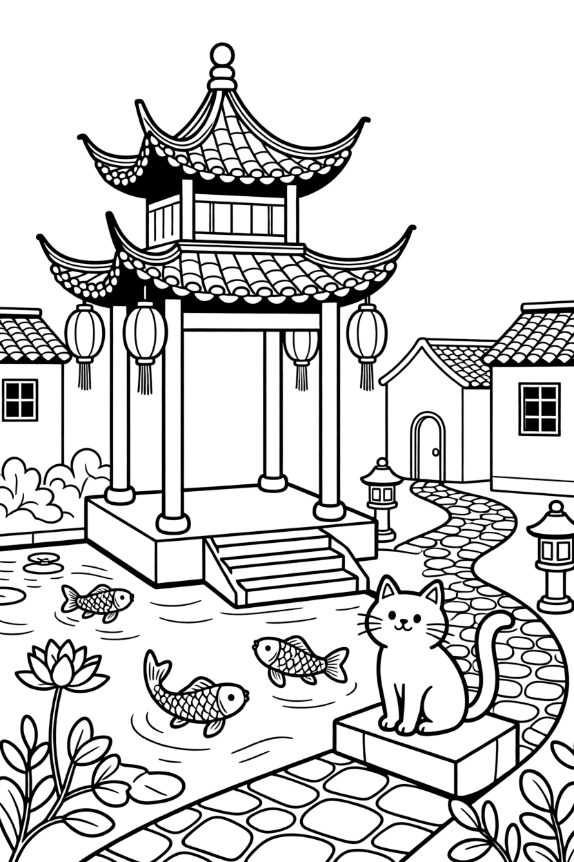 A coloring page from China showing a curved-roof pagoda with red pillars and hanging lanterns beside a koi pond, surrounded by neighboring buildings, a cobblestone path, and a friendly cat resting on a step.