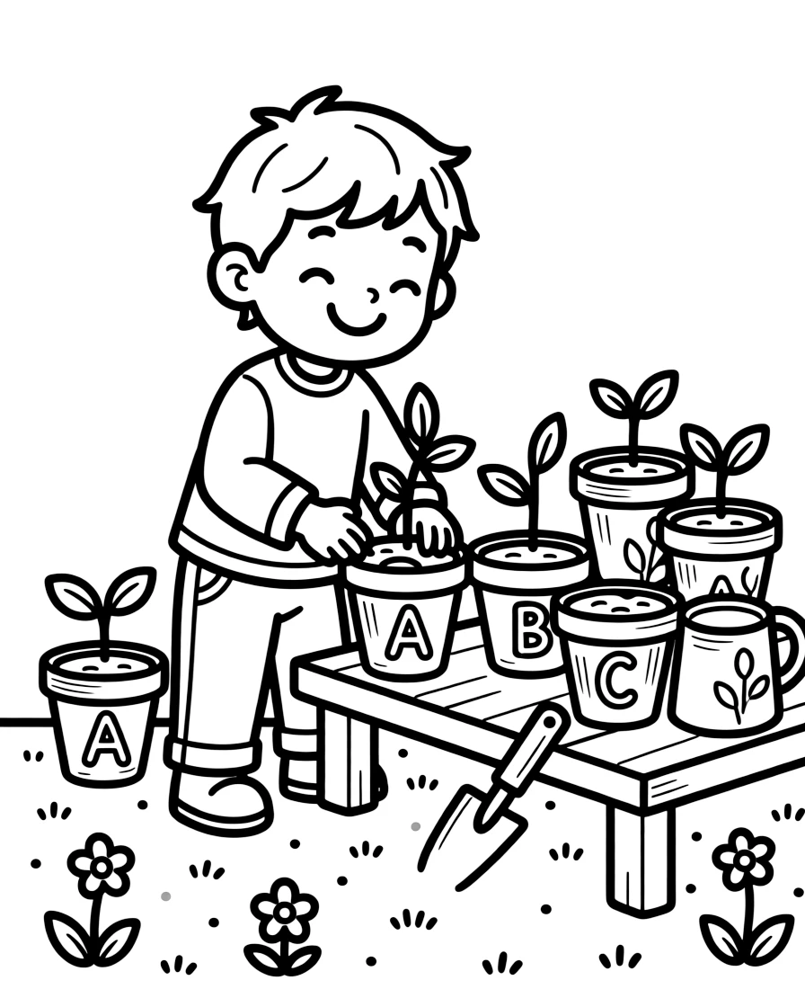 a cheerful small child plants spring seedlings in small pots labeled with hand-drawn letters.