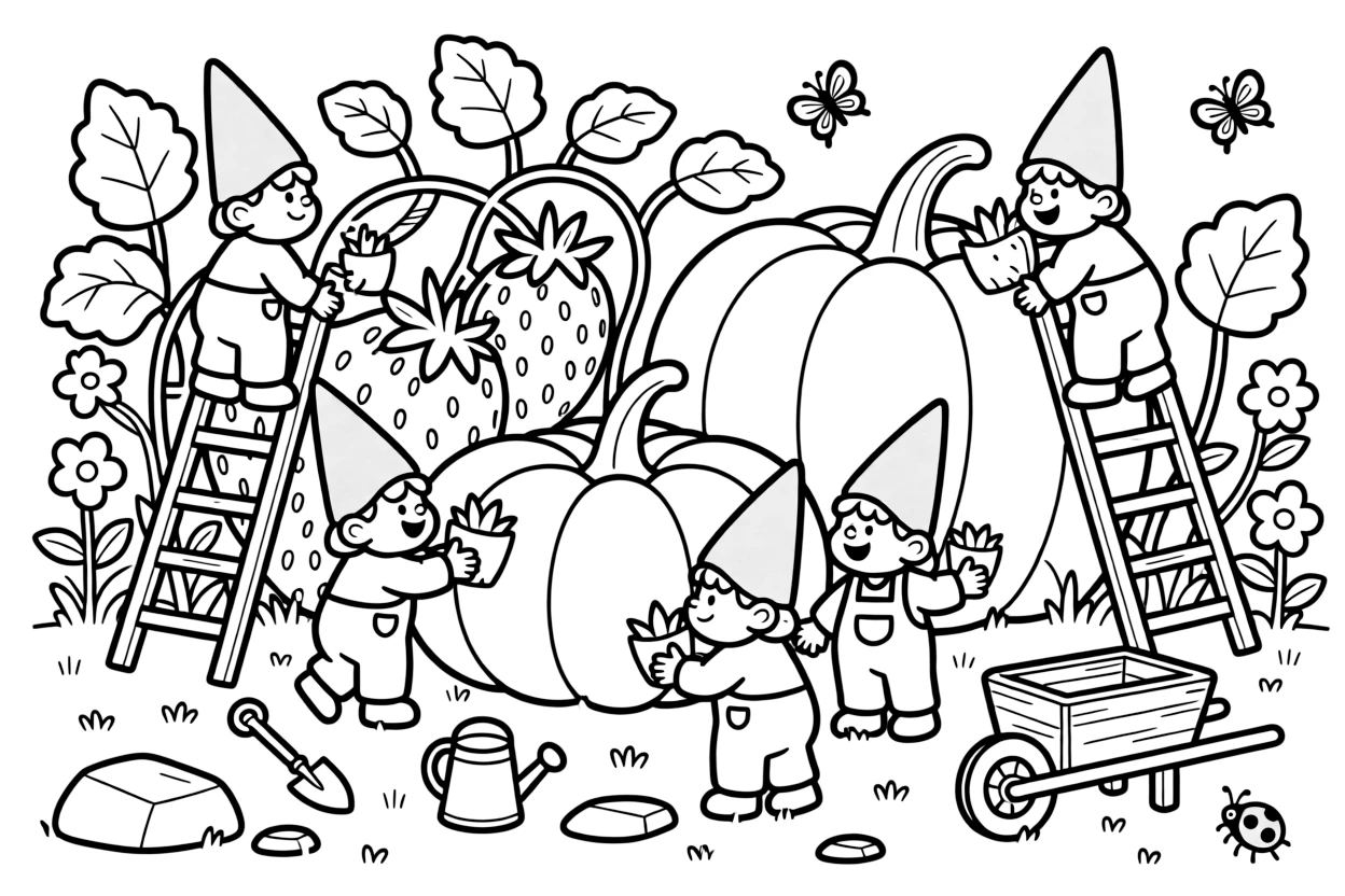 A cluster of gnomes in red pointed hats tend a garden of giant vegetables, using ladders to reach oversized strawberries and pumpkins twice their size.