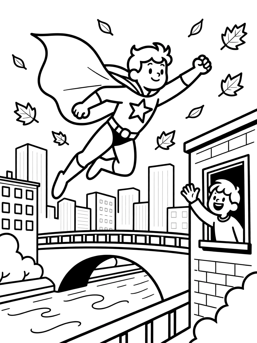 [Superheroes] A dynamic scene shows a superhero with a starburst emblem flying above a city skyline over a bridge spanning a river, looking determined and brave. Close by, a grateful citizen waves from a window. A flowing cape billows dramatically behind. The moment unfolds in the late afternoon, with autumn leaves swirling in the wind, filled with energetic detail perfect for a young colorist.