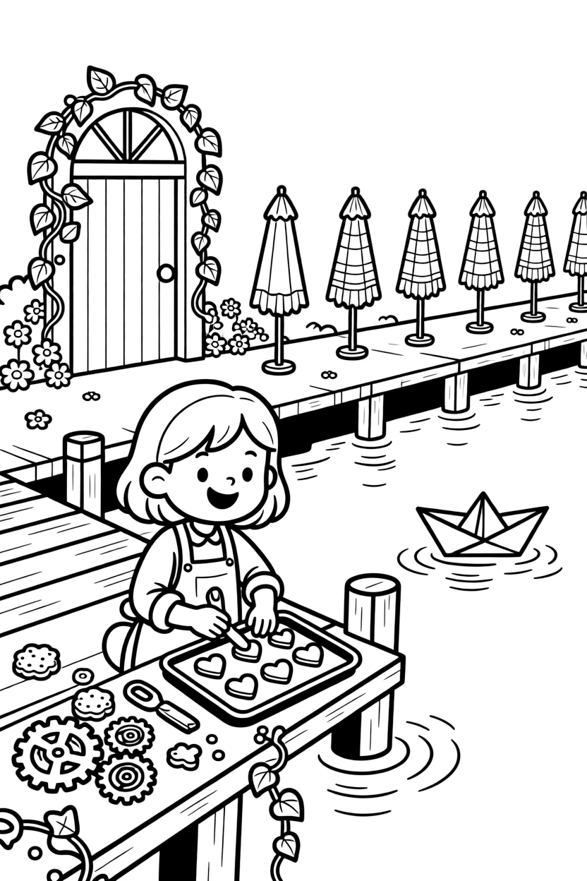 A girl inventor tinkering with gears is baking a batch of heart-shaped cookies on a riverside dock with paper boats floating by. All around, a garden gate covered in climbing ivy and a row of colorful umbrellas add to the delightful moment.