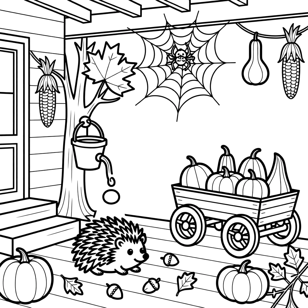 A wide view on a porch decorated with gourds and dried corn husks, featuring a bucket collecting sap from a tapped maple tree, a plump little hedgehog, and a spider spinning a delicate web, with a wagon full of gourds nearby.