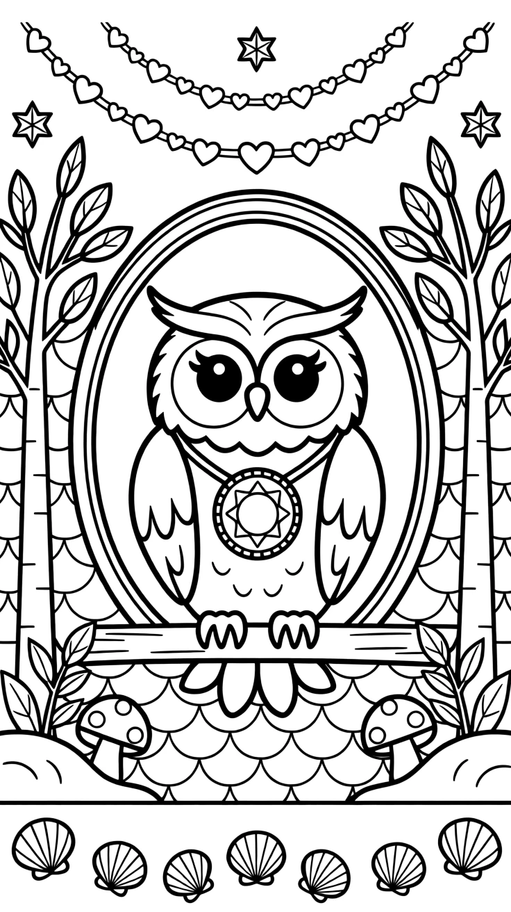 Woodland Animals: The page presents a small themed scene built around a wise old owl perched with wings folded, tied together by an oval medallion mandala framed by a double border. The scene is placed in the center of a small symmetrical scene, with matching background details balanced evenly on both sides. Decorative details fill the surrounding space, including tiny pinwheel stars, a chain of linked heart shapes, and overlapping fish-scale textures woven throughout the background. A playful extra touch completes the page: a cluster of small seashells scattered along the bottom border.