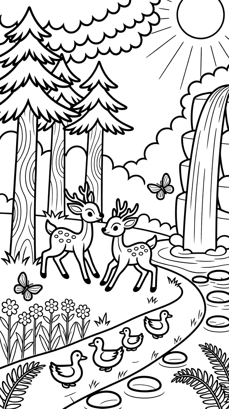 [Enchanted Forest] Two young deer play tag around a cluster of tall pine trees in a sunlit forest clearing. Butterflies flutter between wildflowers while a family of ducks waddles across the path toward a stream. A tall waterfall trickles into a small pond edged with smooth stones and clusters of wild ferns. Delicate morning mist curls around the tree bases as the first rays of sunshine break through the canopy.