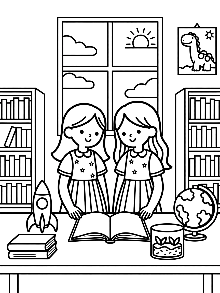 Twin sisters checking out books at the library desk at a science fair as the sun sets in orange and pink.