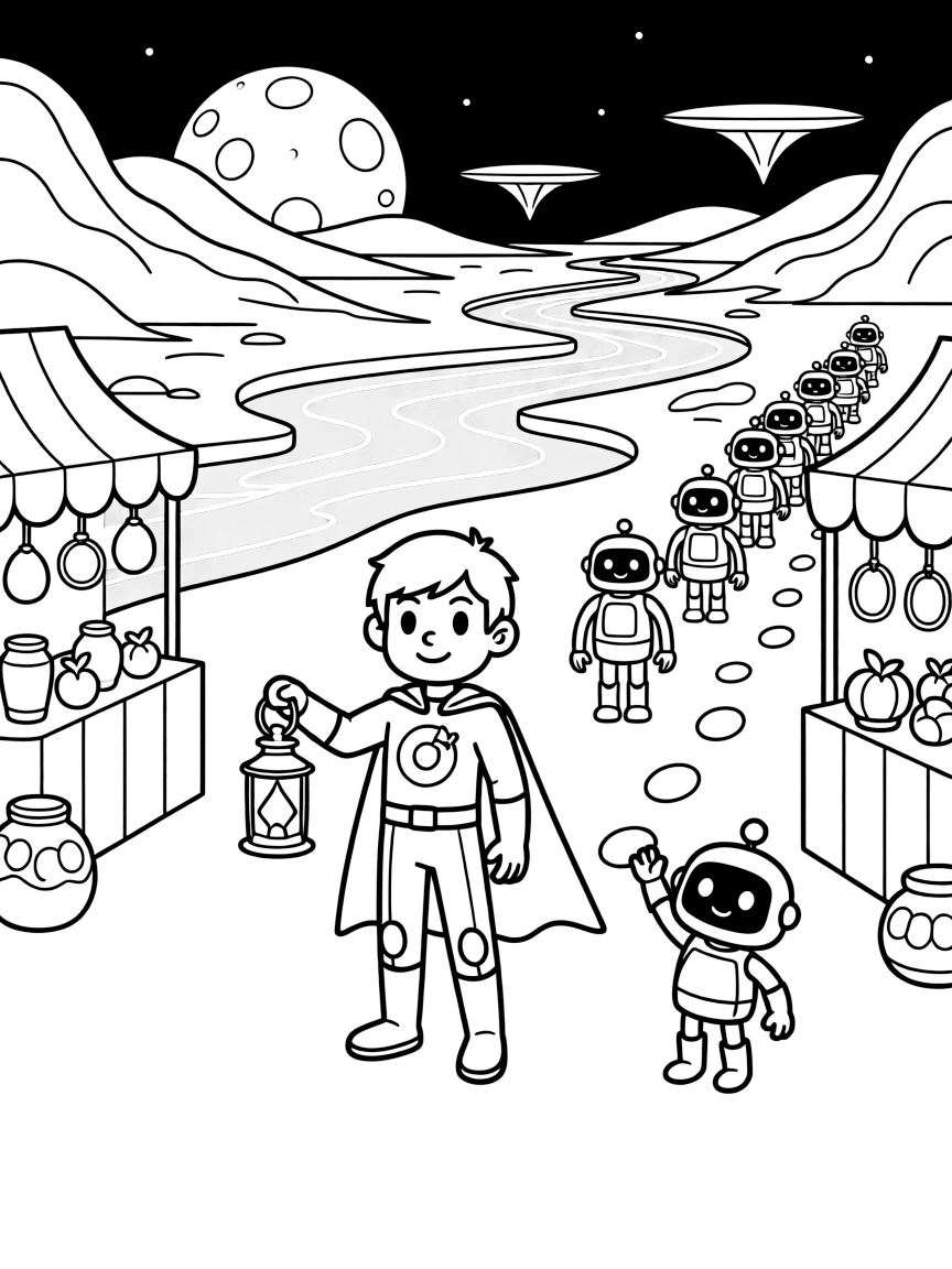 Commander Frost, a determined magnetic superhero kid guiding a lantern-lit parade of robots through a night market, in a lava planet with rivers of glowing orange magma and floating platforms, with a small robot sidekick cheering and a trail of glowing footprints leading into the distance nearby.