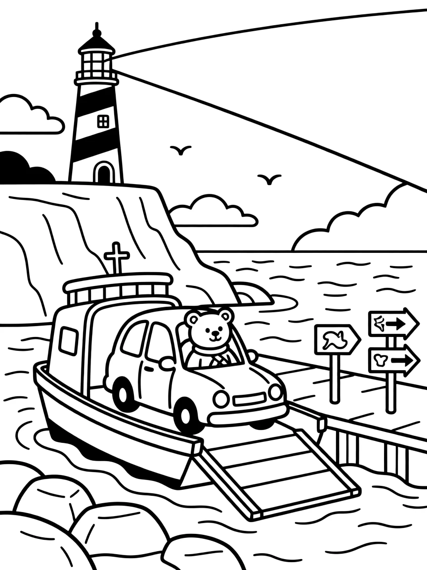 This page centers on a car ferry loading up ramps at the dock exploring a rocky coastline with a striped lighthouse on the cliff, featuring a teddy bear buckled safely into the passenger seat and little extras like a lighthouse beam sweeping across the water and road signs pointing toward fun destinations.