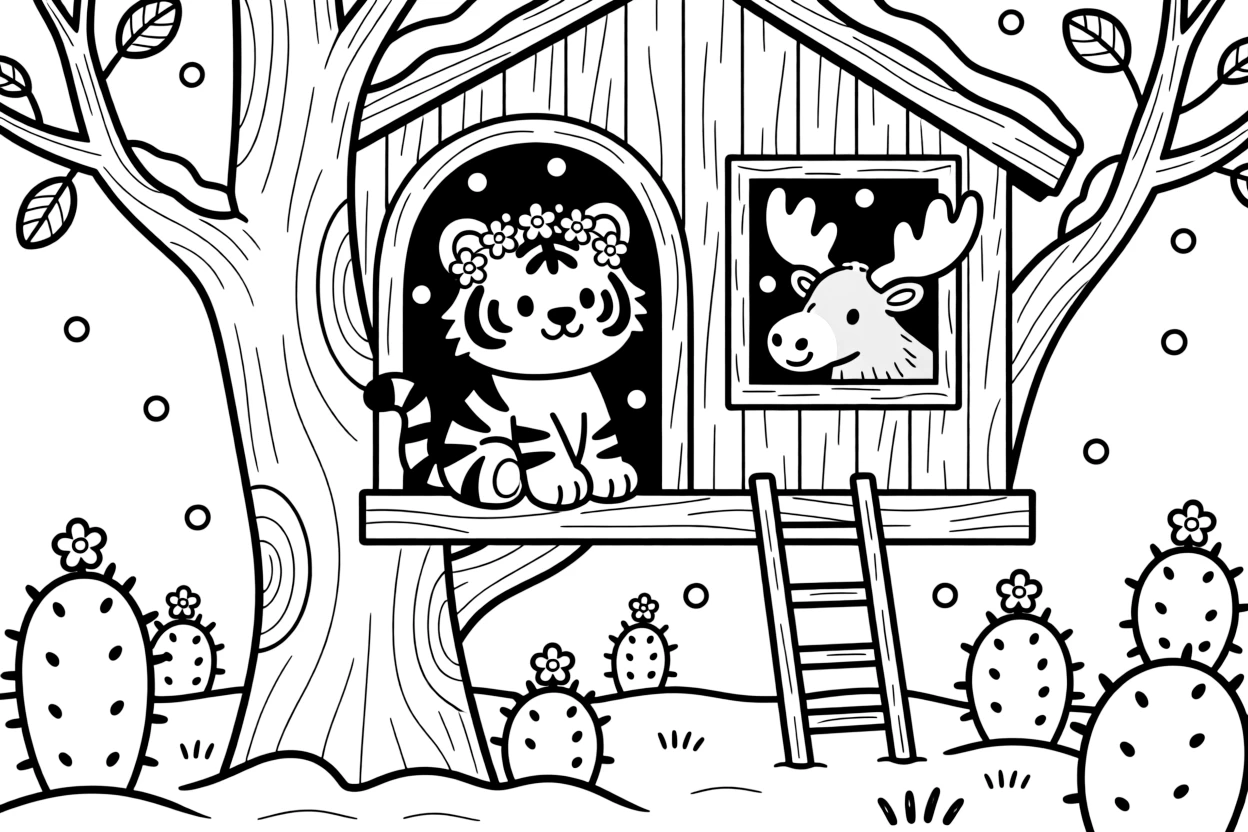 A tiger cub wearing tiny flower crowns with a moose calf in a treehouse among the branches, near a cactus garden, as gentle snowflakes drift down.