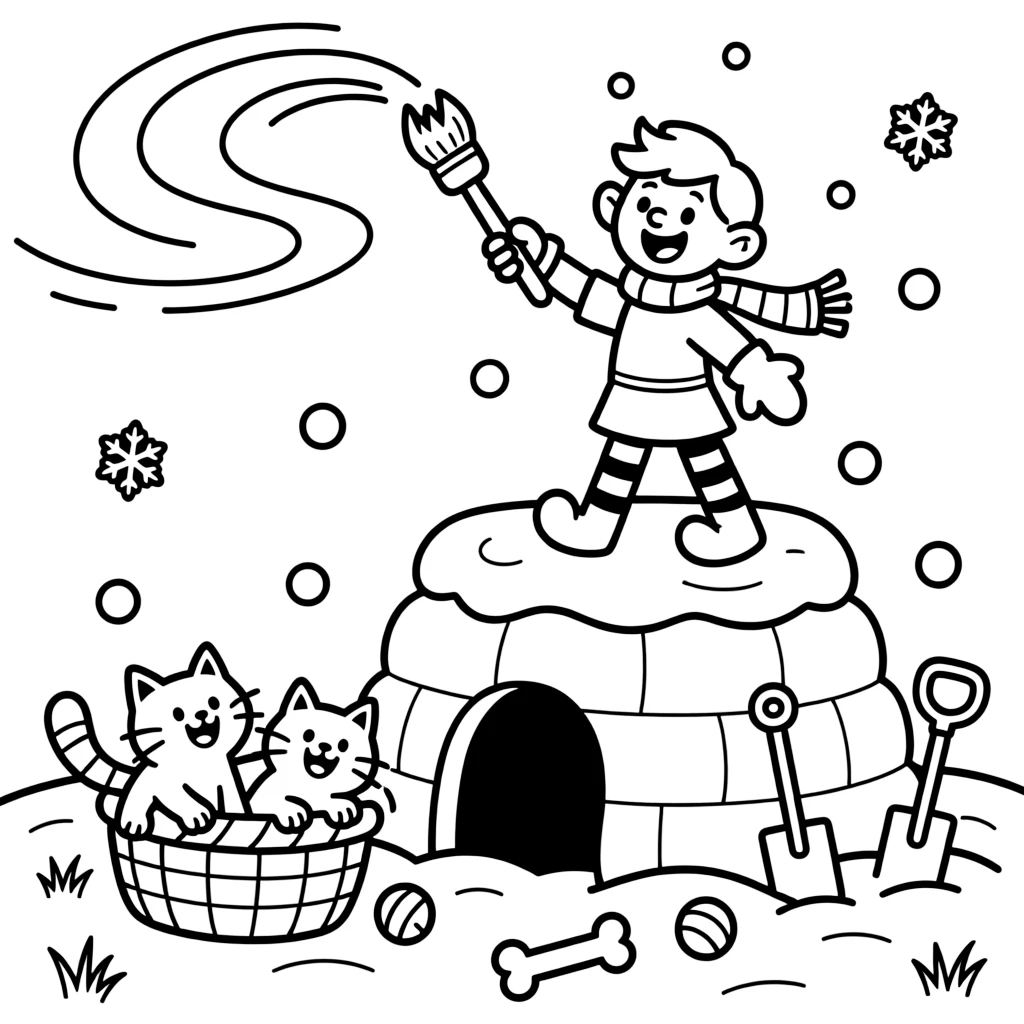 Proud and full of excitement, a toy shop elf spends the day painting the sky with a giant paintbrush at a snow fort during a gentle snowball fight. Nearby, a basket of kittens tumbling over each other adds to the fun. Giggles echo happily through the whole valley.