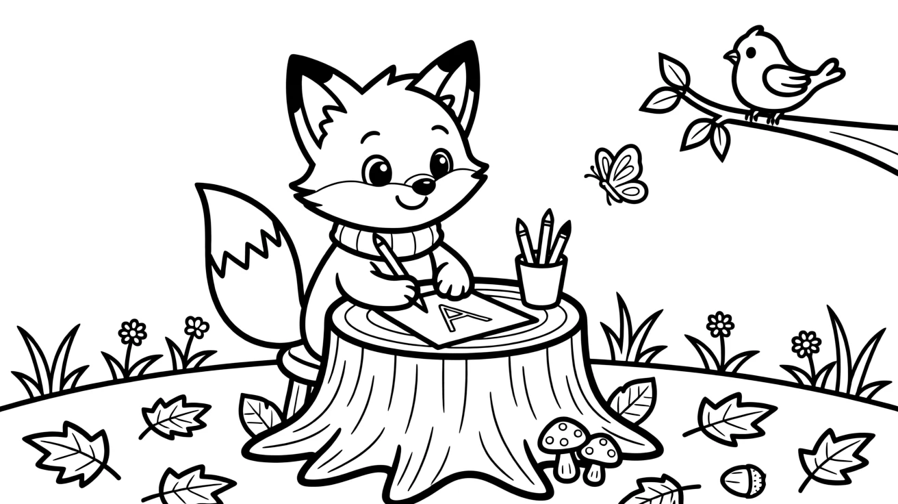 a cheerful a small fox cub sits at a little desk made of a tree stump, practicing letters with a twig pen.