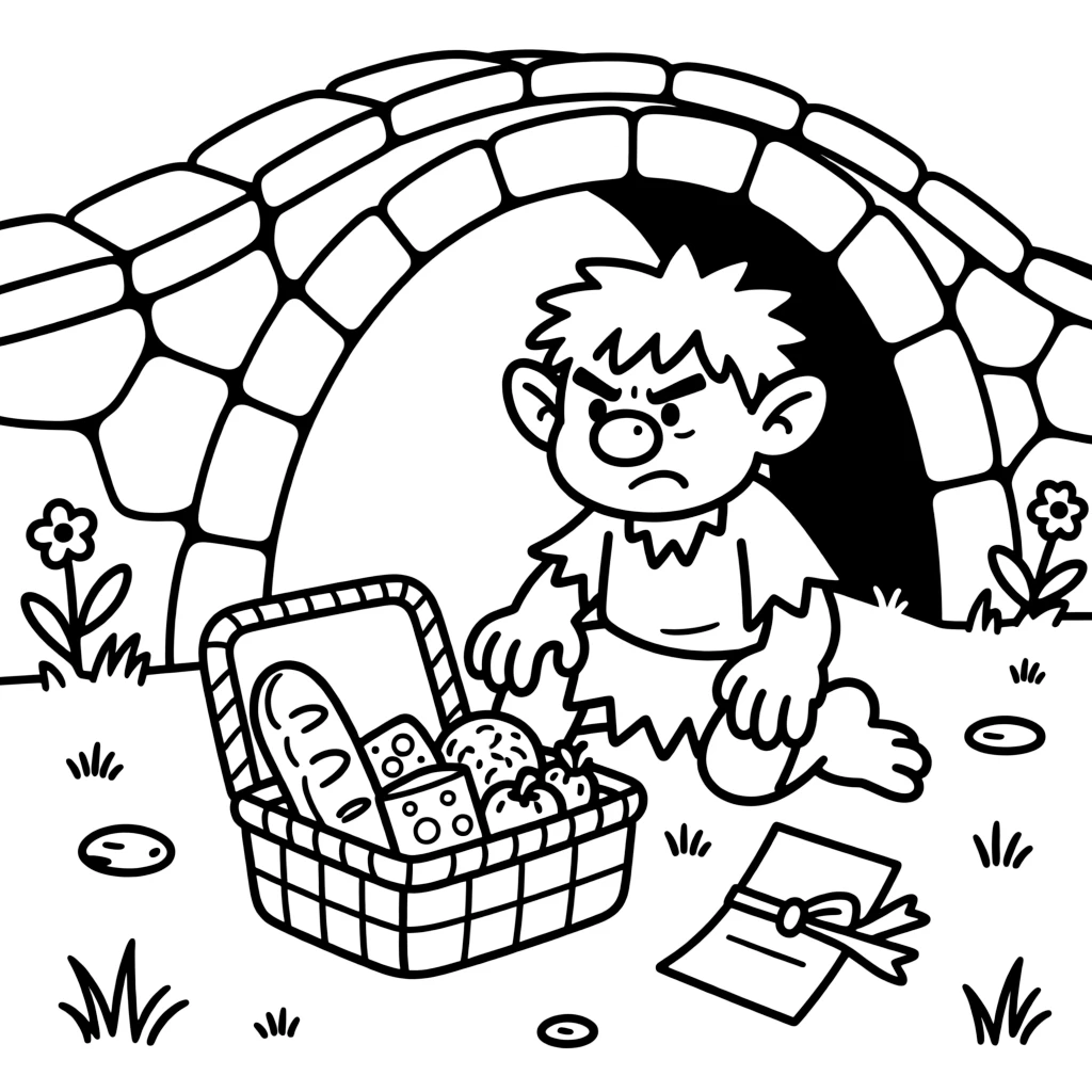 A grumpy-looking troll under a stone bridge is surprised by a picnic basket left by kind travelers, filled with bread, cheese, and a note tied with ribbon.
