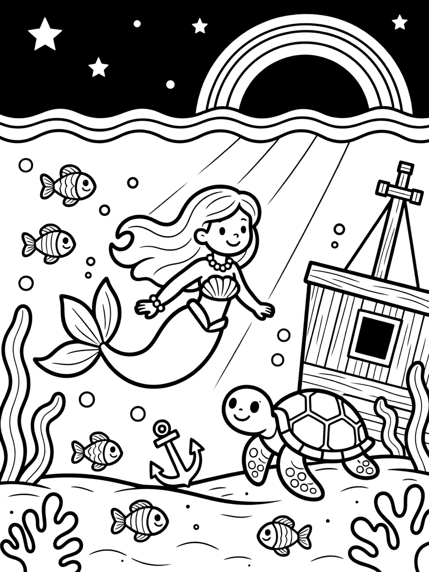 [Underwater Adventures] A dynamic scene shows a mermaid swimming among the fish swimming alongside a friendly sea turtle near a sunken shipwreck, smiling proudly. Close by, sunlight filters down in golden beams. Light rays create a dreamy underwater glow. The moment unfolds under a starry night sky, with a rainbow arching overhead, filled with energetic detail perfect for a young colorist.