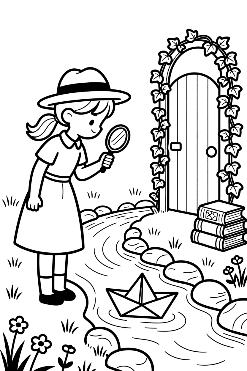 A girl detective with a magnifying glass is sailing a folded paper boat down a gentle stream beside a babbling brook lined with smooth stones. Close by, a garden gate covered in climbing ivy and a stack of well-loved picture books nearby bring the scene to life.