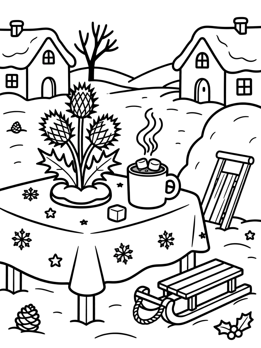 A close-up of a thistle centerpiece on a festive table on a snow-covered village square, surrounded by a steaming mug of cocoa with marshmallows and a sled leaning against a snowbank.