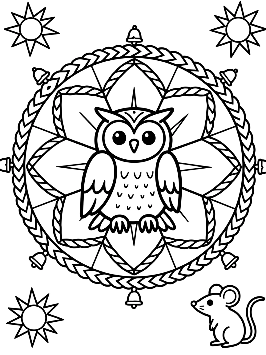 Woodland Animals: The design turns a wise old owl perched with wings folded into a kaleidoscope-style composition anchored by a wheel-spoke mandala radiating from a round hub. The imagery is split into four mirrored quadrants that meet at the center, each quadrant a rotated echo of the next. Decorative details fill the surrounding space, including bands of braided rope shapes, rays fanning out like a small sunburst, and clusters of tiny bells woven throughout the background. A playful extra touch completes the page: a curious little mouse peeking out from behind one of the shapes.