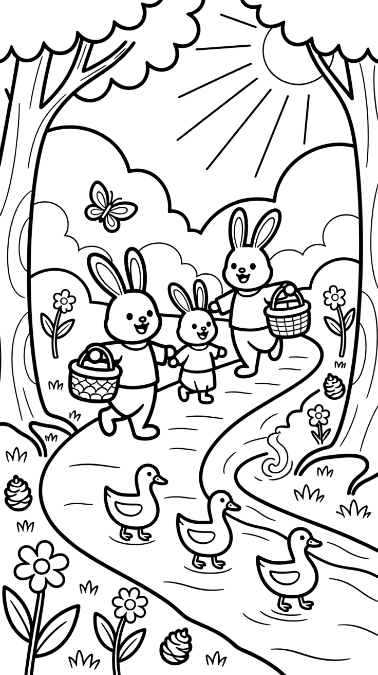 [Enchanted Forest] A cheerful family of rabbits hops along a winding forest trail, baskets in paw for a woodland picnic. Butterflies flutter between wildflowers while a family of ducks waddles across the path toward a stream. Sunbeams stream through gaps in the canopy onto a carpet of moss, fallen pinecones, and curling roots. Delicate morning mist curls around the tree bases as the first rays of sunshine break through the canopy.