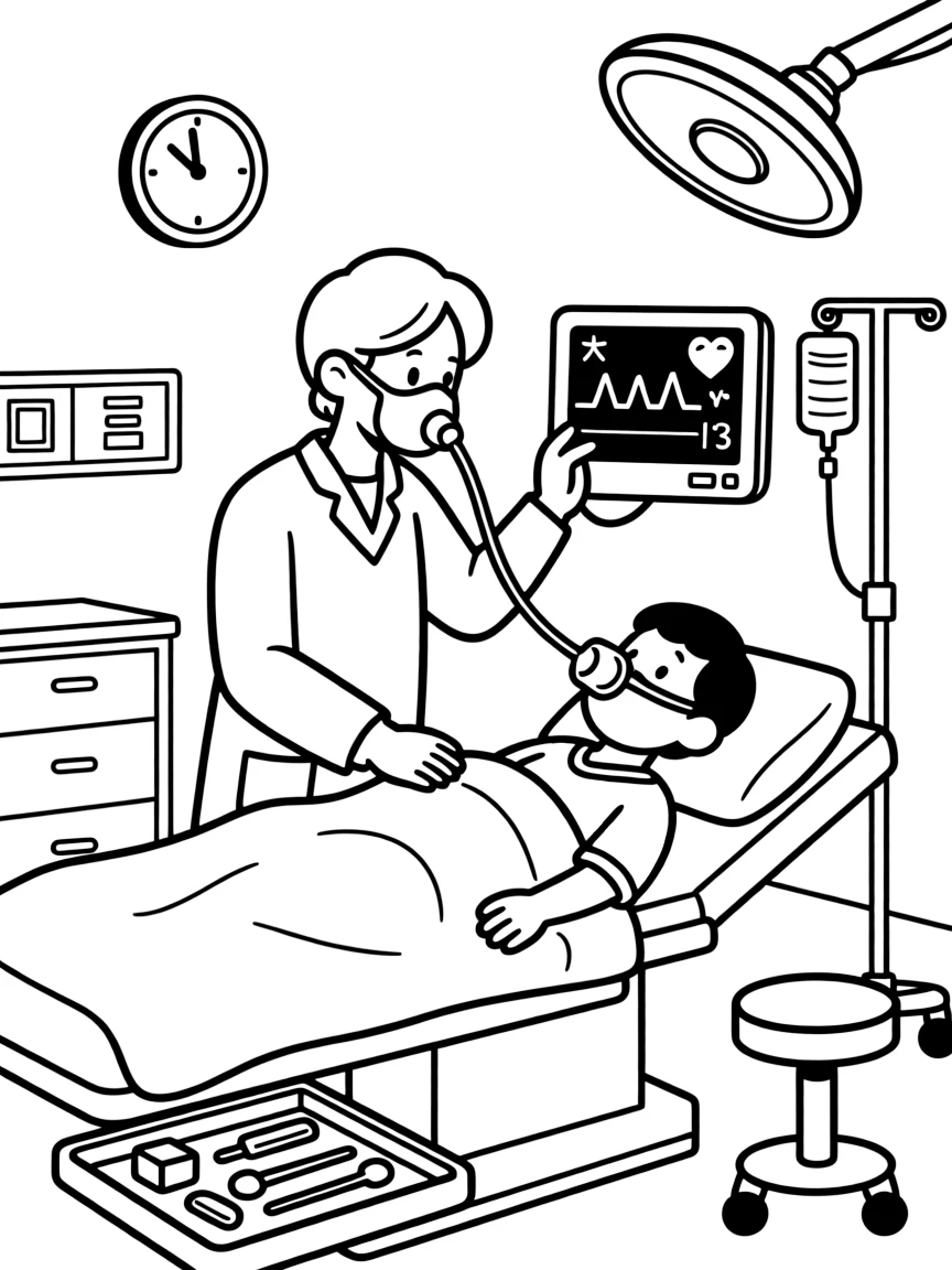 An anesthesiologist checks a monitor and adjusts an oxygen mask before an operation begins.