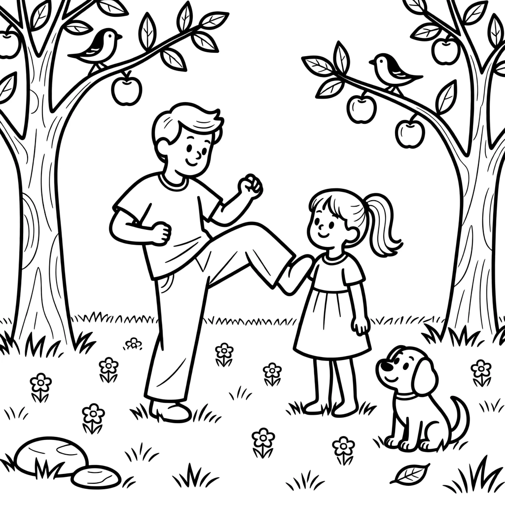 An older brother practicing a martial arts kick with a neighbor kid in an orchard as a curious puppy watches.