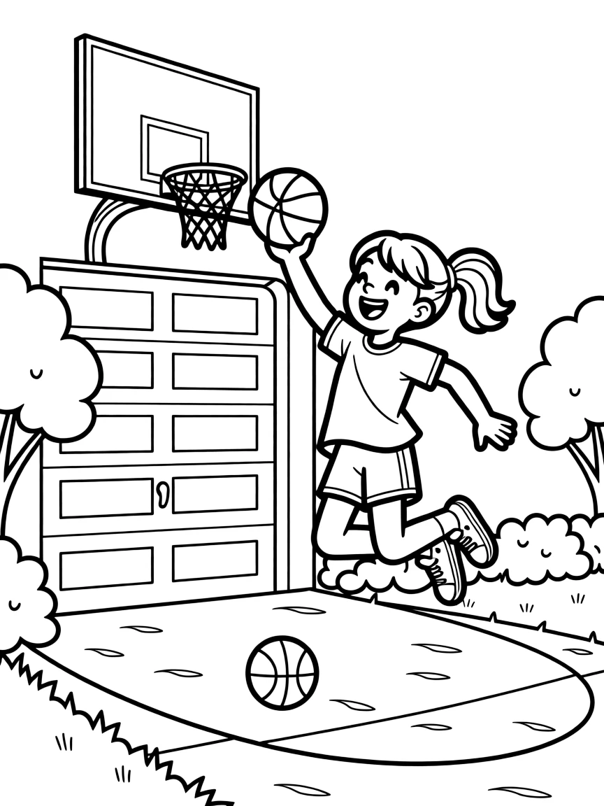 An energetic girl with a big smile, practicing three-point shots at a hoop mounted above a garage door in the driveway.