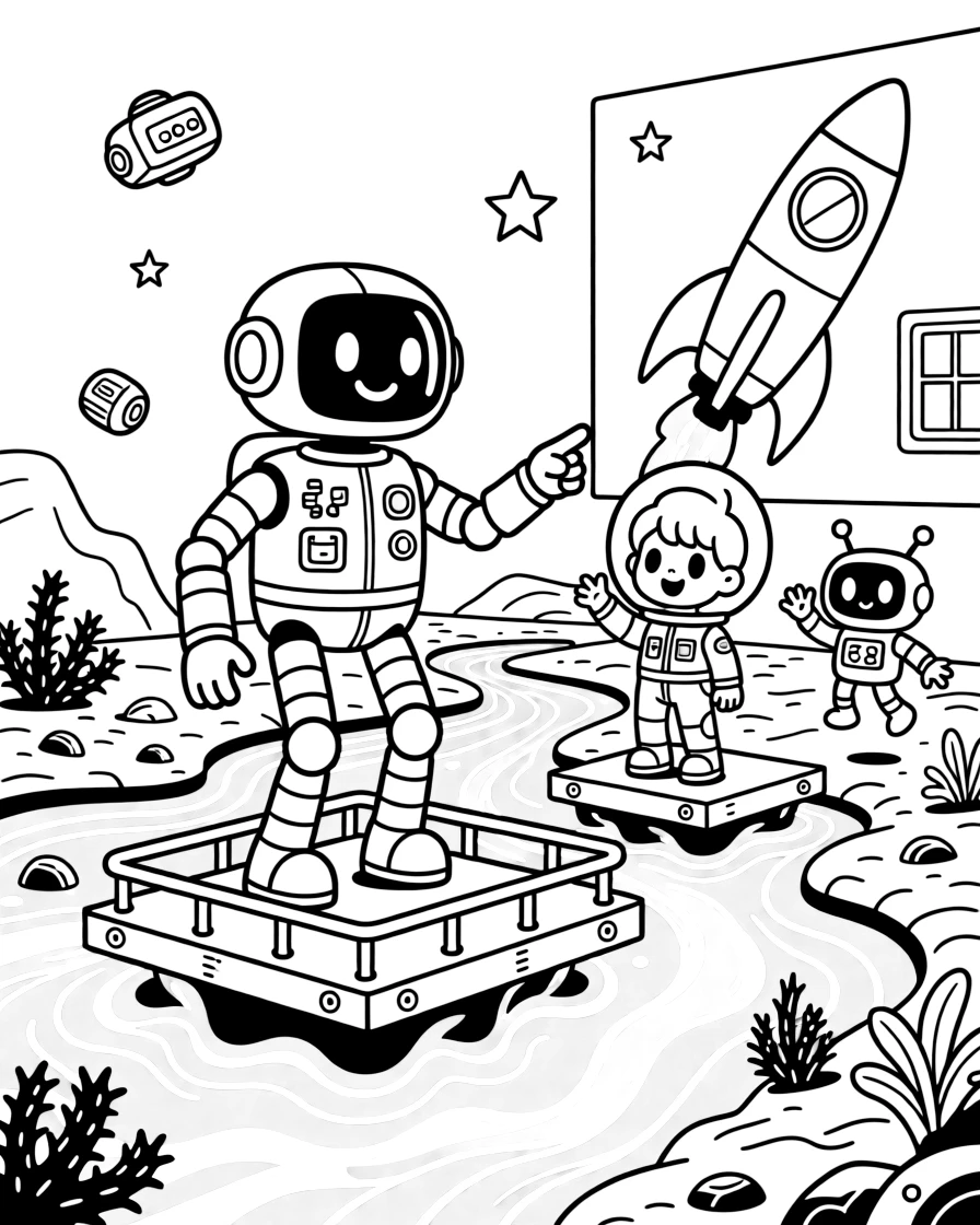 Widget, a wobbly-legged inventor robot showing a new alien student around the space academy, in a lava planet with rivers of glowing orange magma and floating platforms, with a mural of a rocket ship painted on a nearby wall and a small robot sidekick cheering nearby.