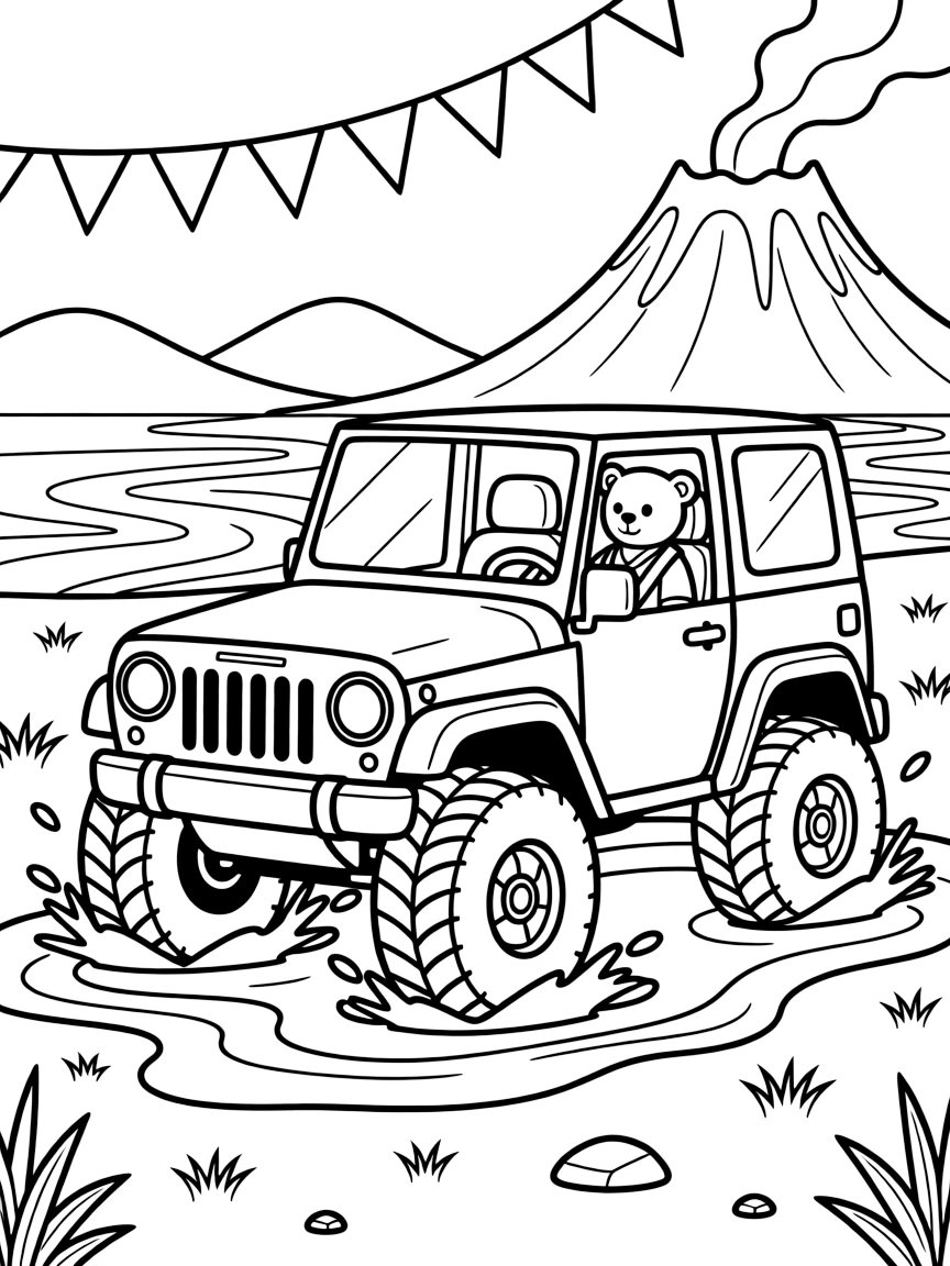 A rugged all-terrain vehicle splashing through a mud puddle takes center stage in a rumbling volcano region with rivers of glowing lava in the distance, where a teddy bear buckled safely into the passenger seat can be seen nearby, surrounded by a string of triangle pennant flags overhead.