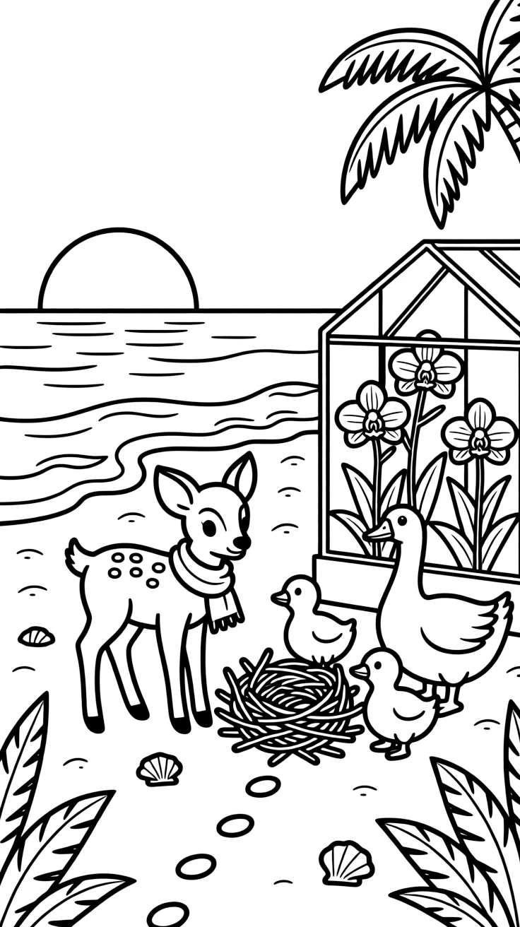 A deer fawn on a tropical beach at sunset, building a tiny nest together with a goose family, next to a orchid greenhouse, with a trail of tiny footprints in the mud.