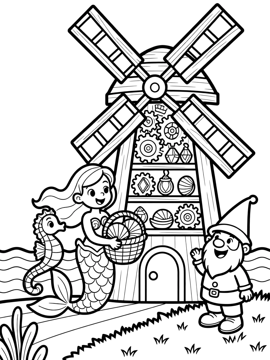 Inside a windmill full of spinning gears and gadgets, a silly little mermaid and her seahorse friend discovers the joy of collecting glowing seashells in a woven basket, while a garden gnome tipping his pointy hat watches happily nearby. The whole crew is grinning from ear to ear.