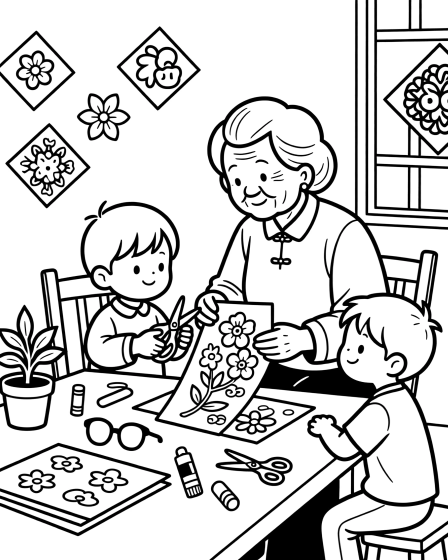A coloring page of a child in China enjoying a grandmother teaching a child to cut delicate paper window decorations, surrounded by colorful supplies and a curious sibling watching closely.