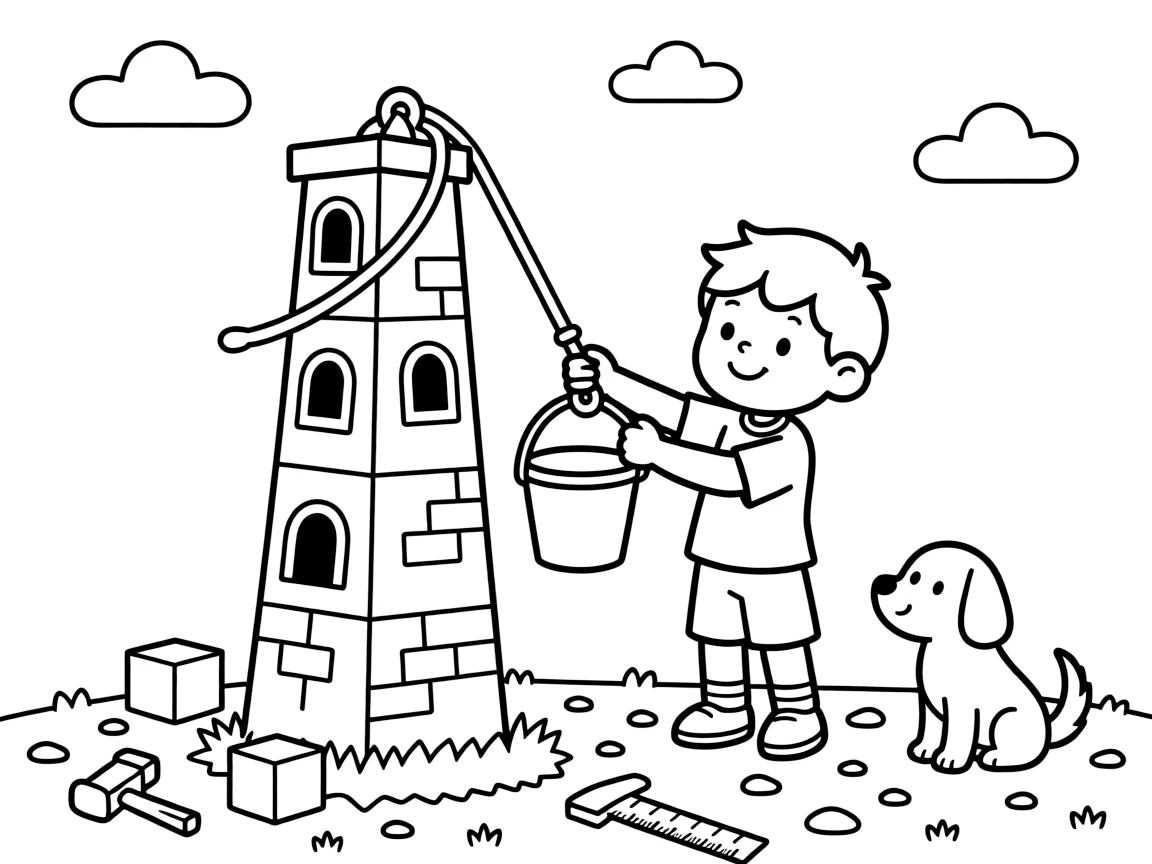 a thoughtful small child invents a simple pulley system to lift a toy bucket up a tower.
