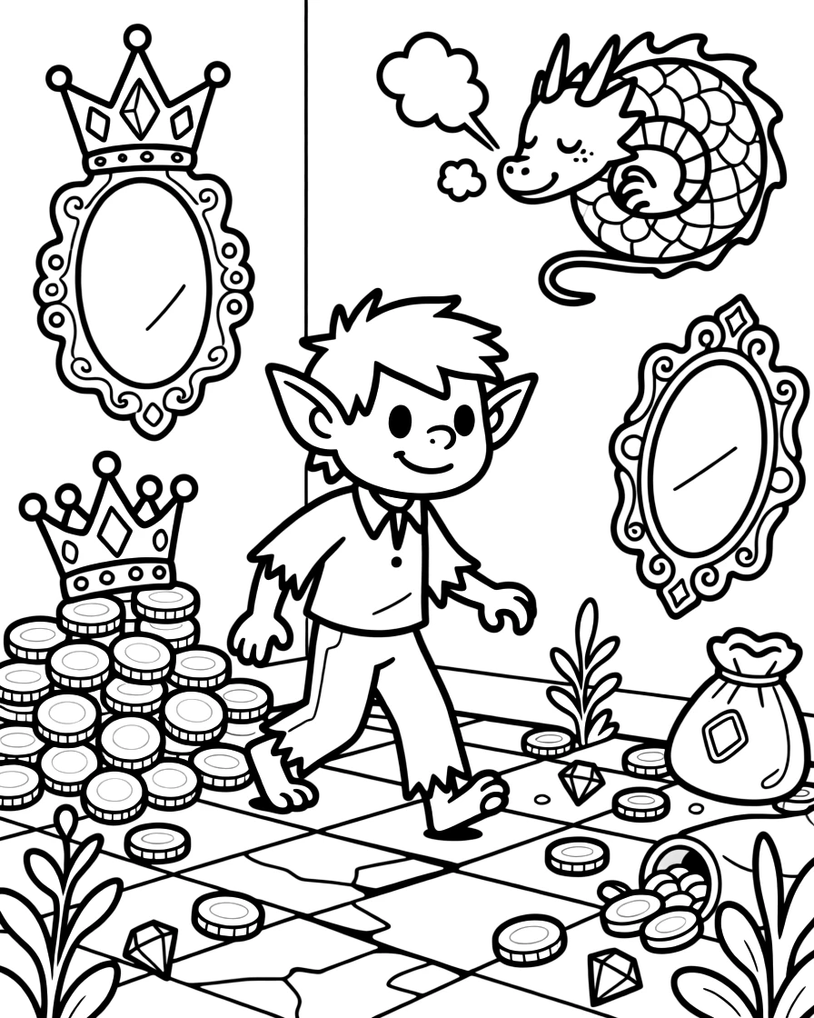 A mischievous goblin sneaks through a treasure room stacked with gold coins, jeweled crowns, and ornate mirrors, tiptoeing past a snoring dragon.