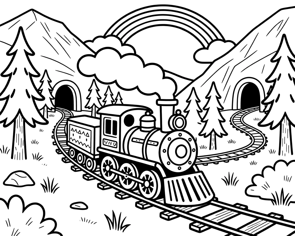 [Trains] a classic steam locomotive chugging along a mountain track through a dense pine forest. In the background, tunnels and tracks wind into the distance, adding extra fun to explore. Wheels clatter rhythmically along the rails. It all happens in the late afternoon, with a rainbow arching overhead.