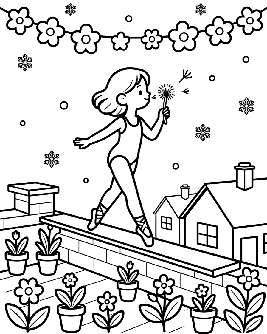 A girl acrobat walking along a low balance beam is making a wish while blowing on a dandelion on a rooftop garden overlooking a small town. All around, a garland of paper flowers strung overhead and gently falling snowflakes fill the page with charm.