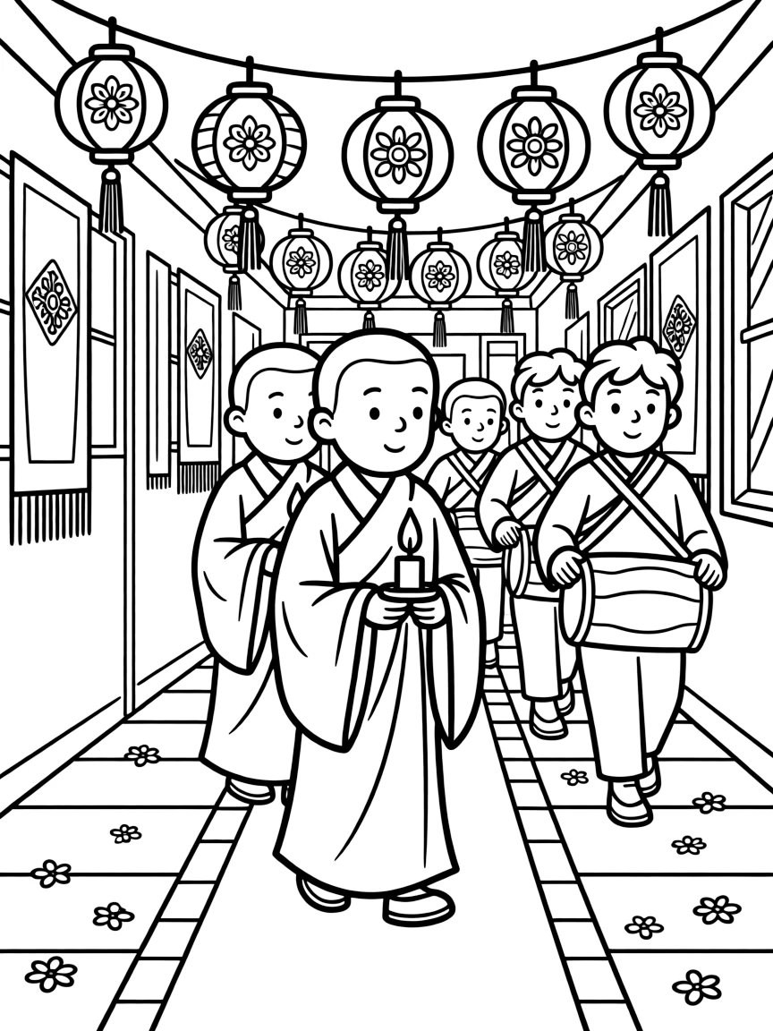 A close-up of monks walking in a candlelit procession inside a home decorated from floor to ceiling for the occasion, surrounded by a drummer leading a small procession and a string of colorful paper lanterns.