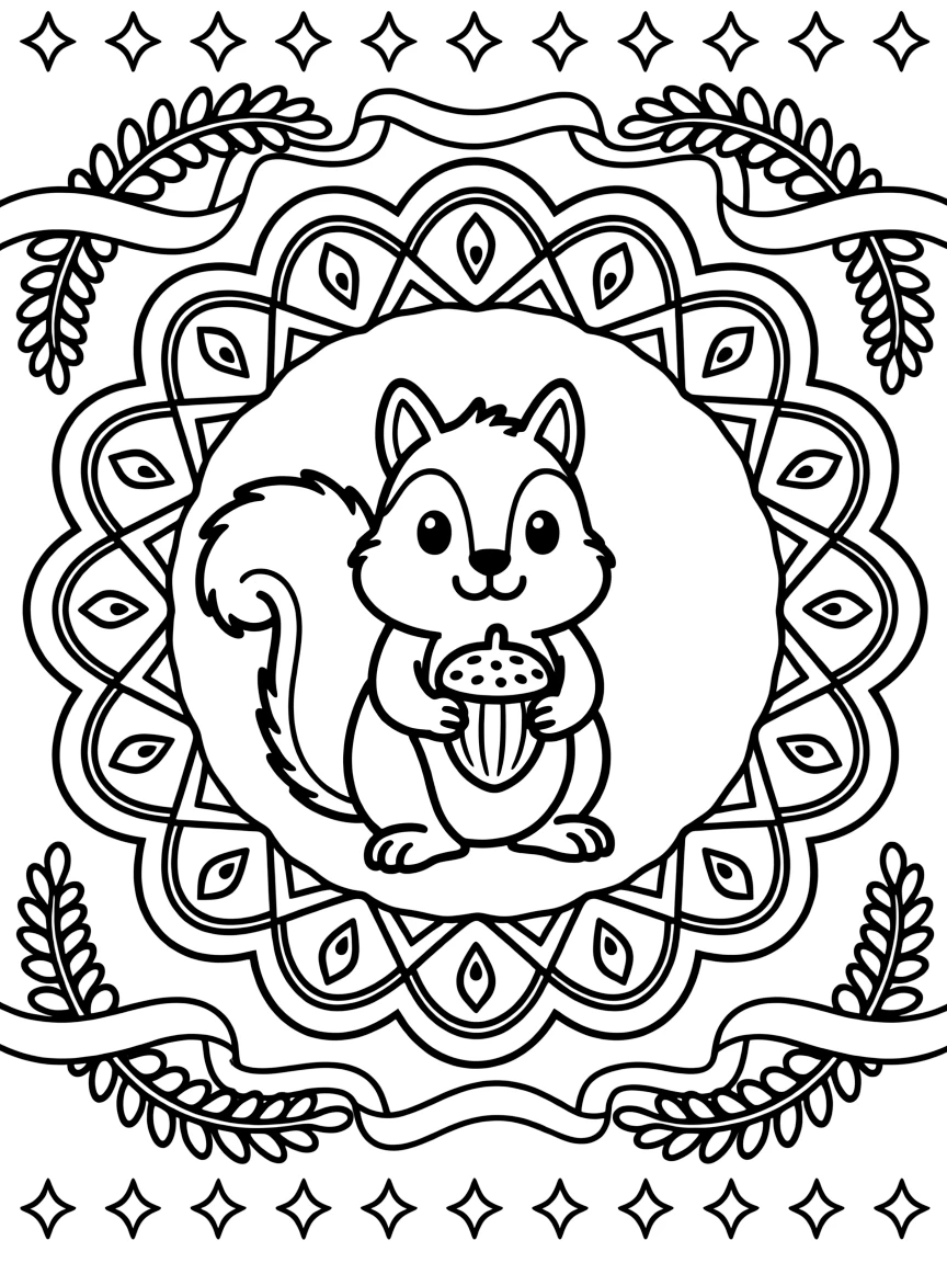 Woodland Animals: The main subject is a chipmunk holding a fat acorn in both paws, drawn as the focal point of a scalloped wreath mandala with rounded overlapping arcs. It is placed at the very center of the page, with the surrounding rings growing larger and more detailed toward the outer edge. Decorative details fill the surrounding space, including curling paisley teardrops, curling fern-frond shapes, and ribbons folded into gentle zigzags woven throughout the background. A playful extra touch completes the page: a few sparkling gem shapes dotted along the outer border.