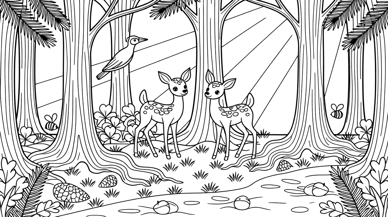 [Enchanted Forest] Two young deer play tag around a cluster of tall pine trees in a sunlit forest clearing. A woodpecker taps at a tree trunk overhead as bumblebees buzz around a patch of clover. Sunbeams stream through gaps in the canopy onto a carpet of moss, fallen pinecones, and curling roots. Sunlight filters through the leaves, and a trail of fallen acorns leads toward a hidden clearing sparkling with morning dew.