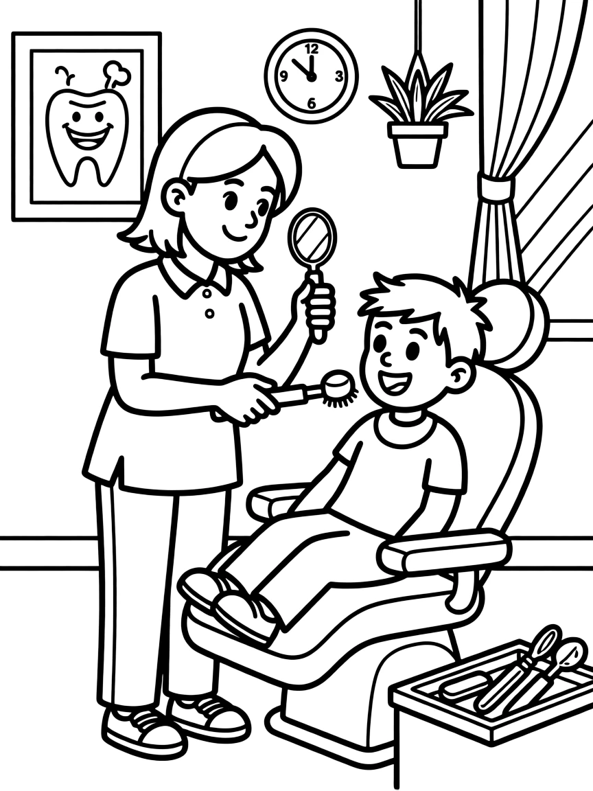 A dental hygienist polishes a patient's teeth with a small spinning brush and mirror.