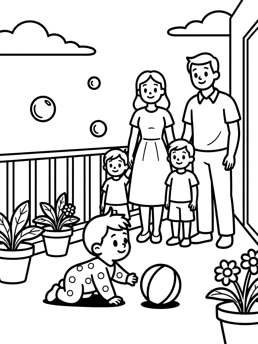 A crawling baby rolling a ball back and forth with a blended family on an apartment balcony as soap bubbles float upward.