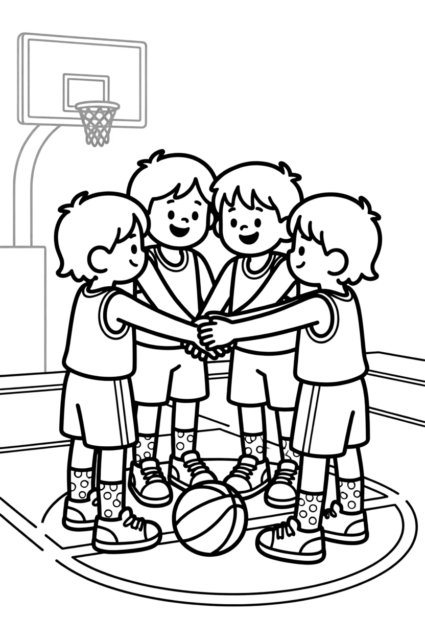 A pair of twin siblings, huddling with teammates for a pep talk before tip-off, hands stacked in the center.