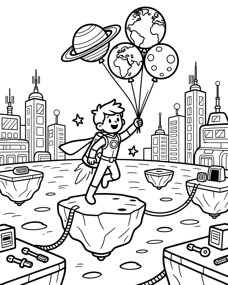 In an asteroid belt mining outpost with floating rock platforms, Guardian Comet, a cheerful telekinetic superhero kid learning to fly for the first time with a jetpack over a cyber skyline, while a cluster of balloons shaped like planets adds to the excitement.