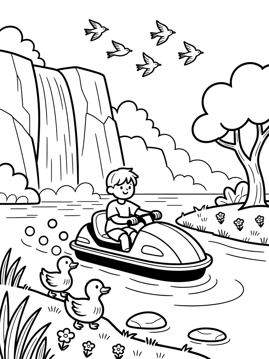 An underwater hover-scooter trailing a stream of bubbles is shown journeying through a national park with towering waterfalls and rocky cliffs, with a family of ducks waddling alongside close by and a flock of birds flying alongside in formation completing the lively scene.