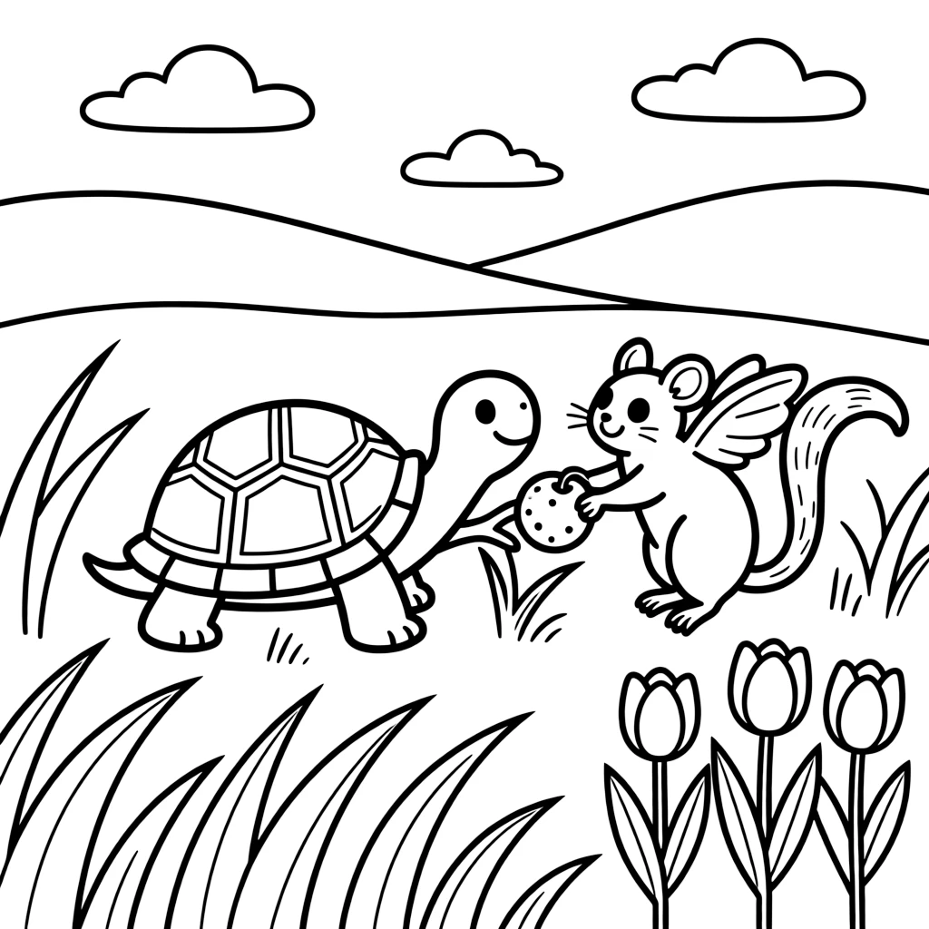 A tortoise harvesting ripe fruit alongside a sugar glider in a field of tall grass, near a bed of tulips.