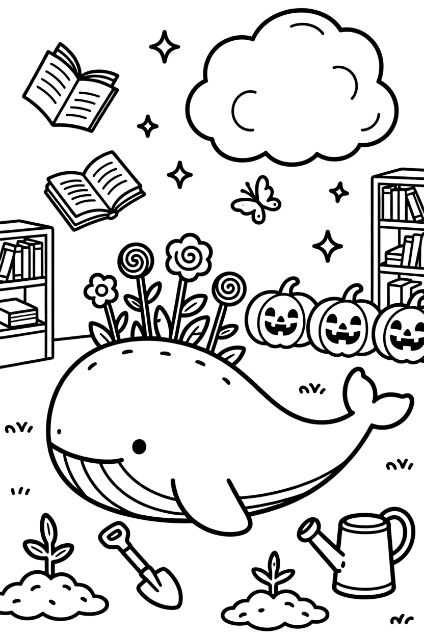 A snuggly whale with a garden on its back is planting a garden of lollipop flowers in a magical library where the books float and flutter, joined by a row of jack-o'-lanterns grinning in the dark and a cloud shaped like a giant marshmallow. Sparkles and stars fill the air with magic.