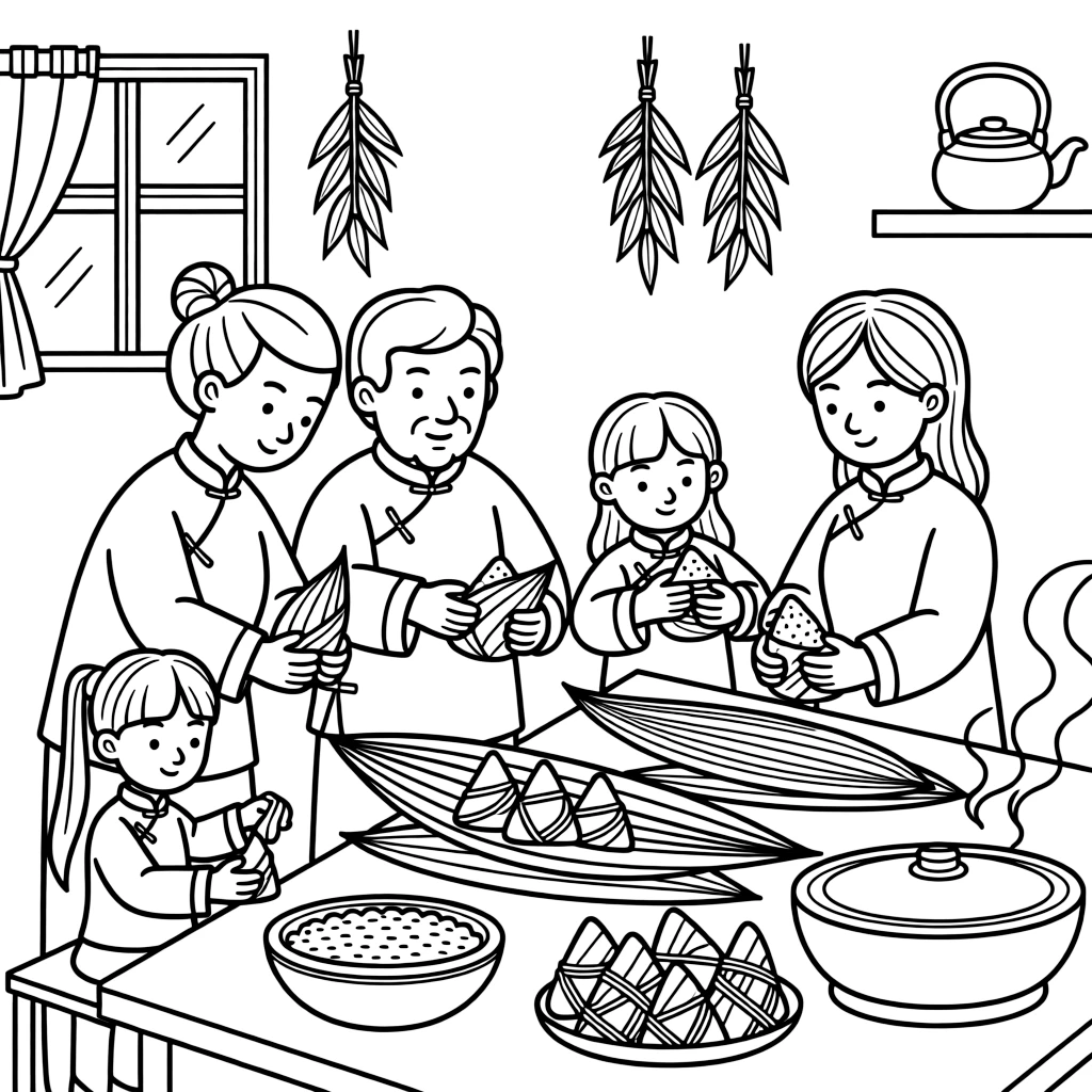 A coloring page of a family wrapping rice dumplings in bamboo leaves together in the kitchen in China, showing grandparents, parents, and children all taking part together in the fun.
