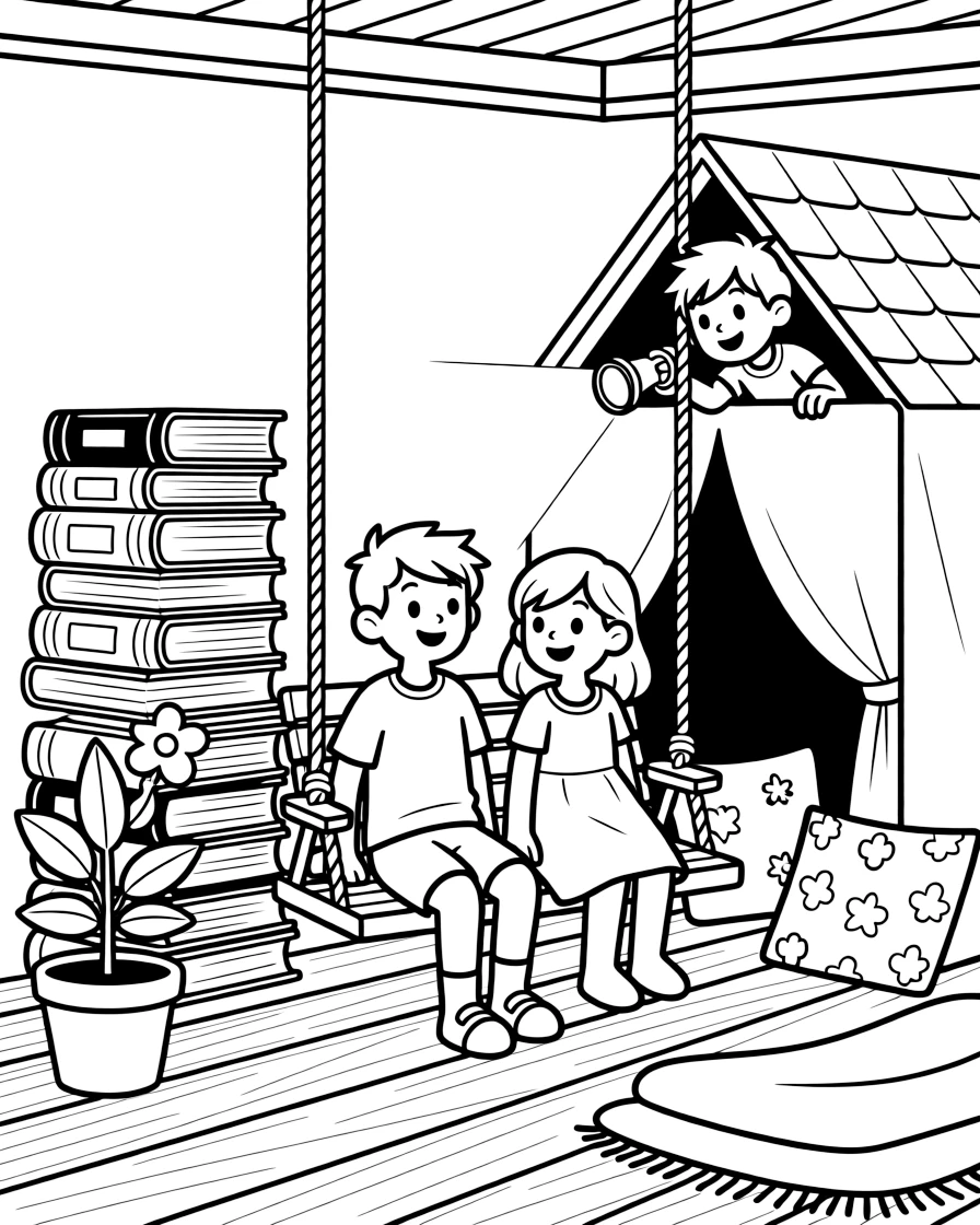 a bold pair of best friends sits in a porch swing and builds a fort out of picture books and peeks out from the top with a flashlight.