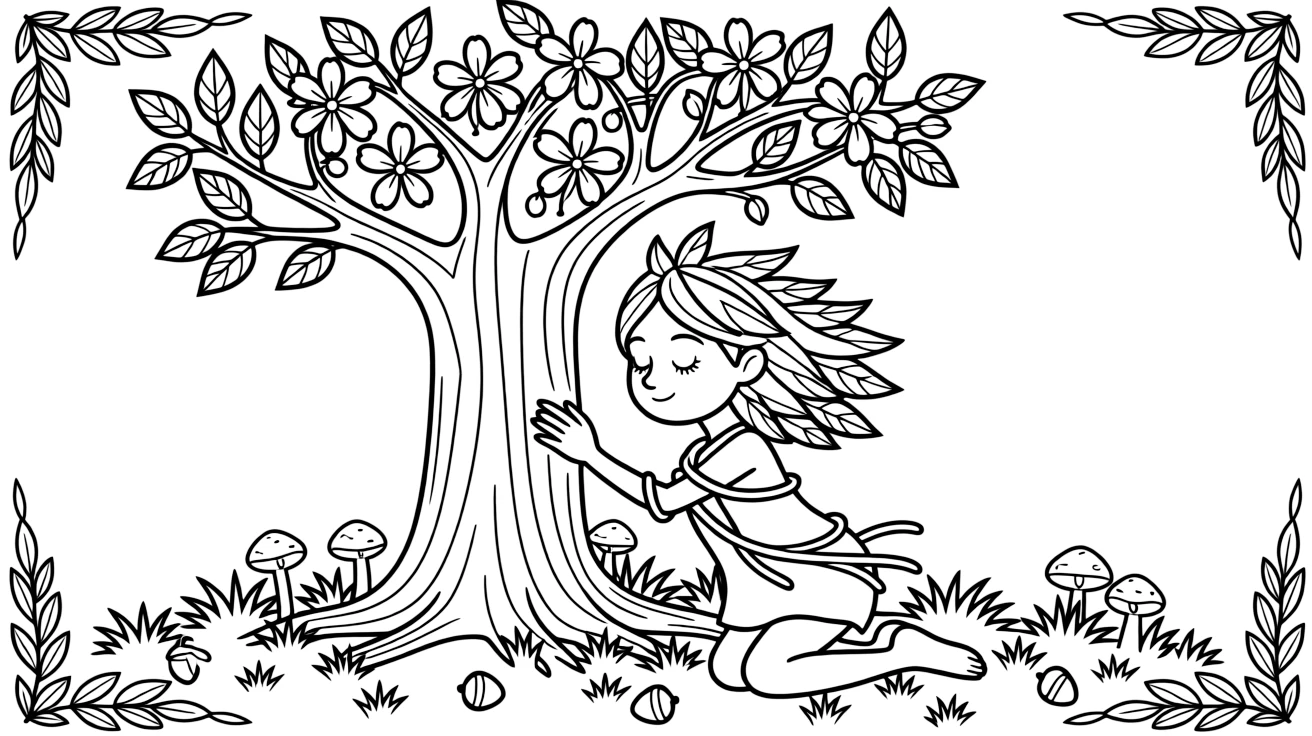 A forest spirit made of leaves and vines awakens a sleeping tree by gently touching its trunk, causing flowers to bloom instantly along its branches.