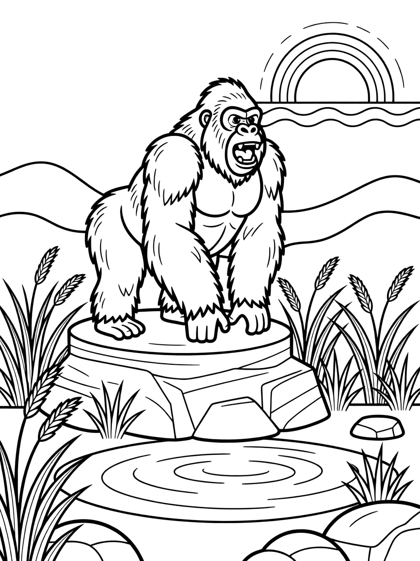 [Wild Animals] a mighty gorilla roaring atop a rocky outcrop near a watering hole at dusk, smiling proudly, while tall grass sways gently in the wind fills the surrounding area. Its fur pattern adds interesting texture to color. Set at sunset, with heat waves shimmering in the distance, the page bursts with adventure and imagination.