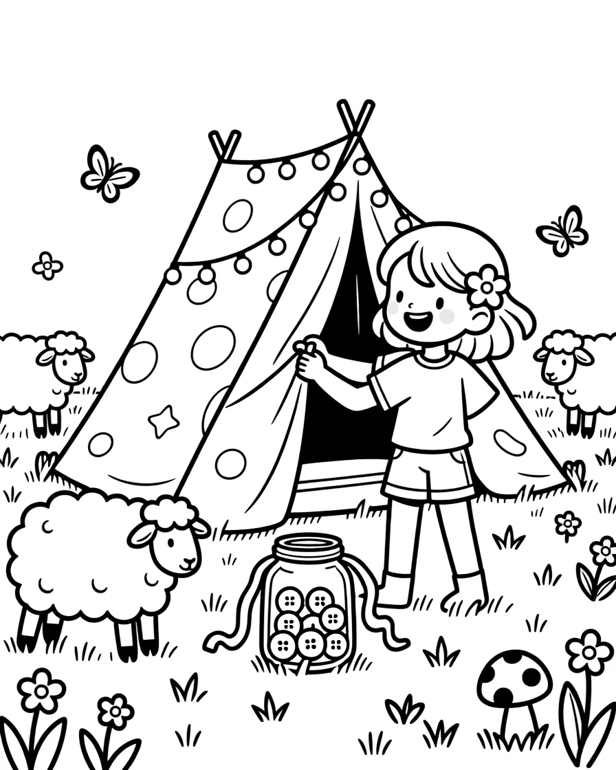 A girl surfer with a flower tucked behind her ear is building a blanket fort strung with fairy lights in a meadow where fluffy sheep graze. Close by, a jar of colorful buttons and ribbons and tiny mushrooms with spotted caps peeking through the grass add a sprinkle of wonder to the moment.