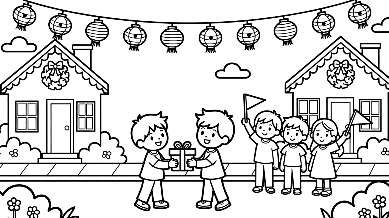 Children in new clothes exchanging gifts in a neighborhood where every house has festive decorations, while a group of three friends looks on nearby, a string of colorful paper lanterns and children waving small flags completing the scene.