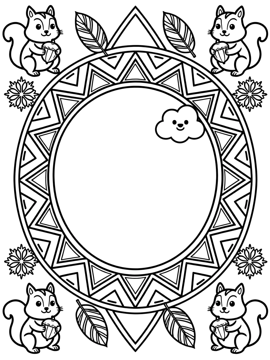 Woodland Animals: The page centers on a repeating motif of a chipmunk holding a fat acorn in both paws, built around an arched dome mandala built from layered nested arches. The motif is arranged evenly around the four edges of the page, forming a continuous decorative frame around a clear center space. Decorative details fill the surrounding space, including nested triangle shapes, fanned feather plumes, and six-point snowflake shapes woven throughout the background. A playful extra touch completes the page: a small round cloud with a friendly face tucked into a corner.